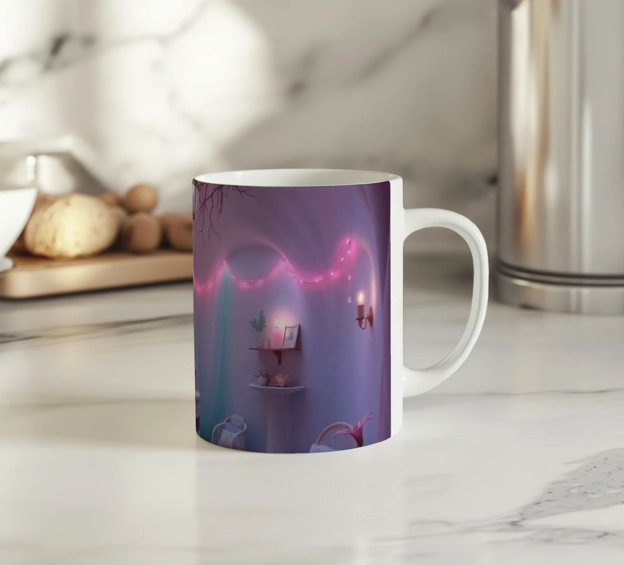 Camera accogliente con luci soffuse e arredamento unico tazza in ceramica da DesignDoodle