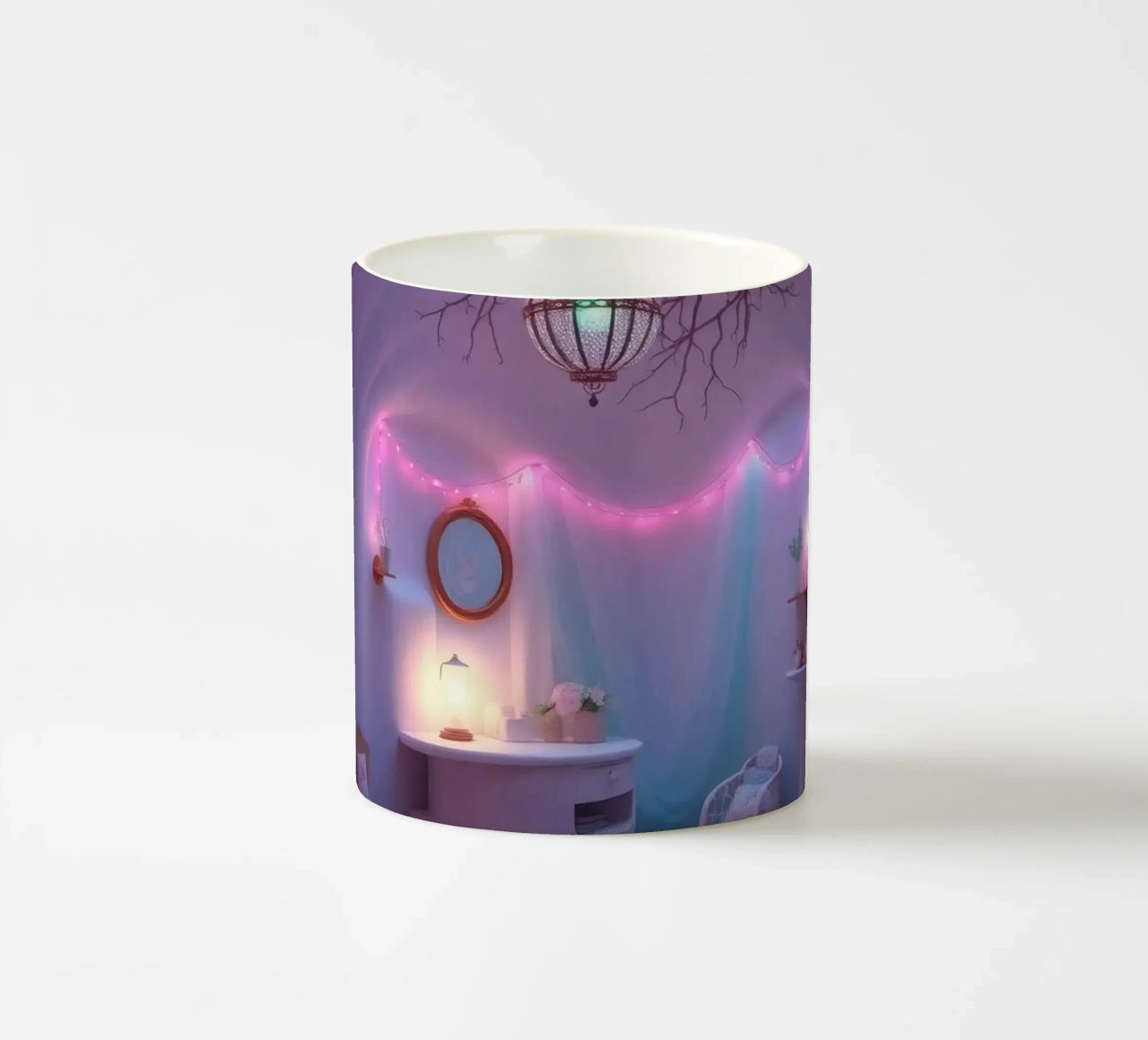 Camera accogliente con luci soffuse e arredamento unico tazza in ceramica da DesignDoodle