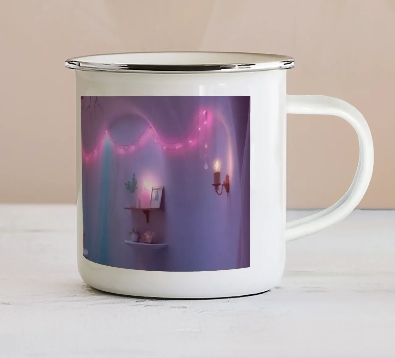 Gezellige kamer versierd met zachte verlichting en uniek decor emaille mok van DesignDoodle
