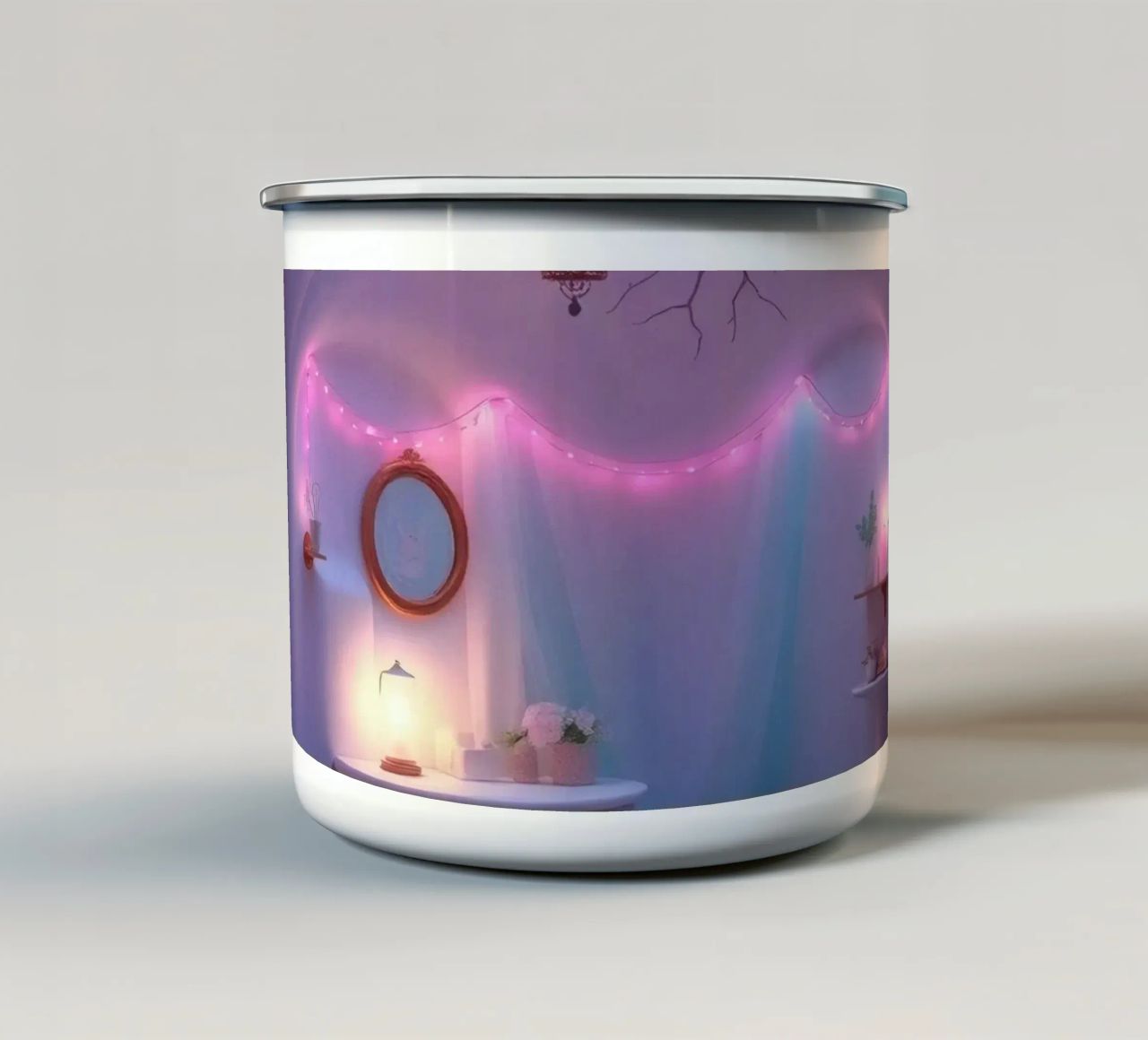 Camera accogliente con luci soffuse e arredamento unico tazza in smalto da DesignDoodle