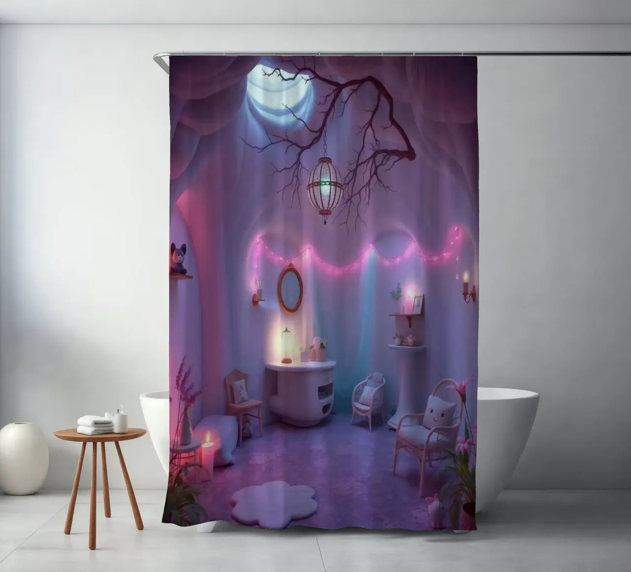 Camera accogliente con luci soffuse e arredamento unico tenda da doccia da DesignDoodle