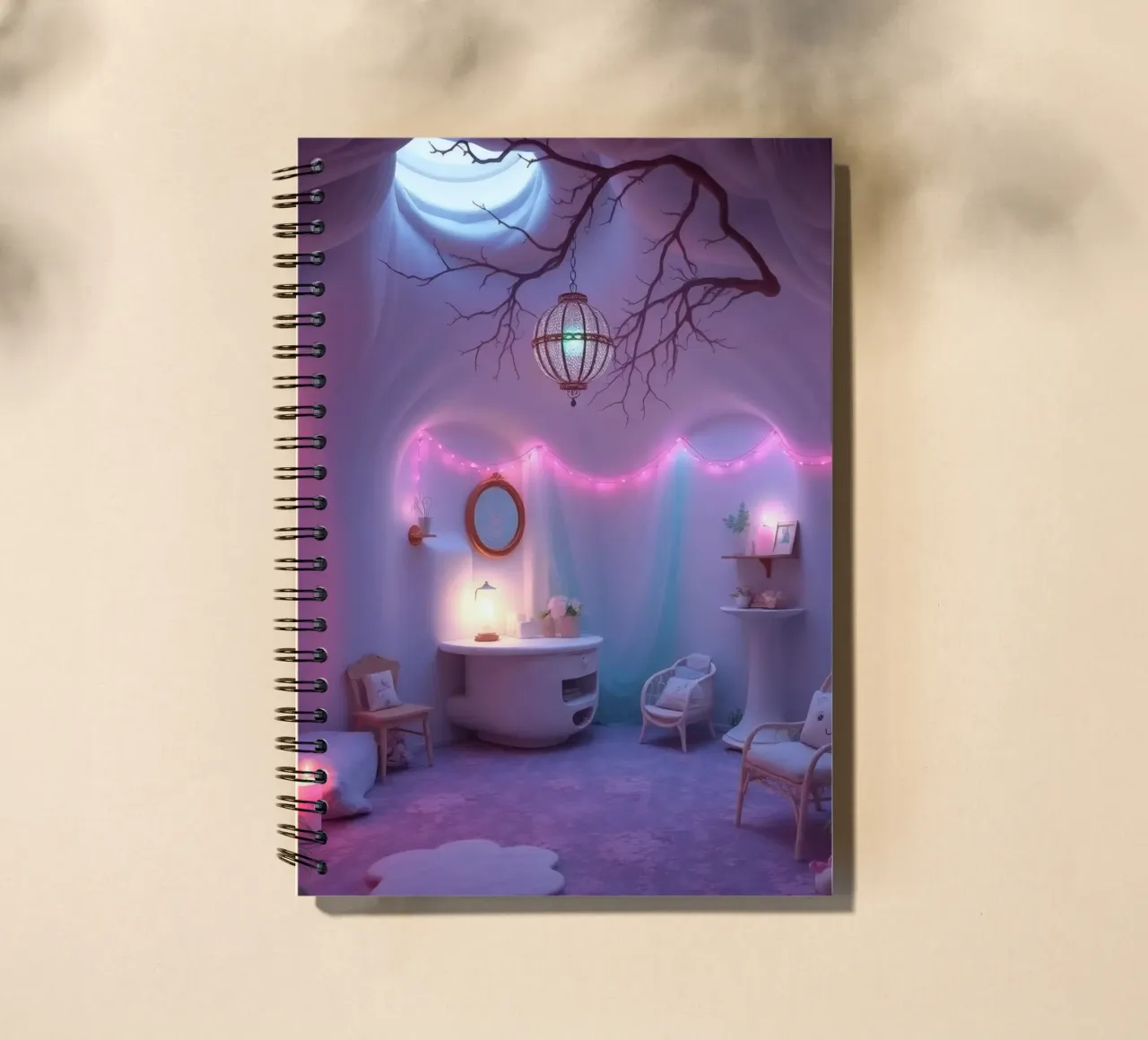 Camera accogliente con luci soffuse e arredamento unico diario ad anelli da DesignDoodle