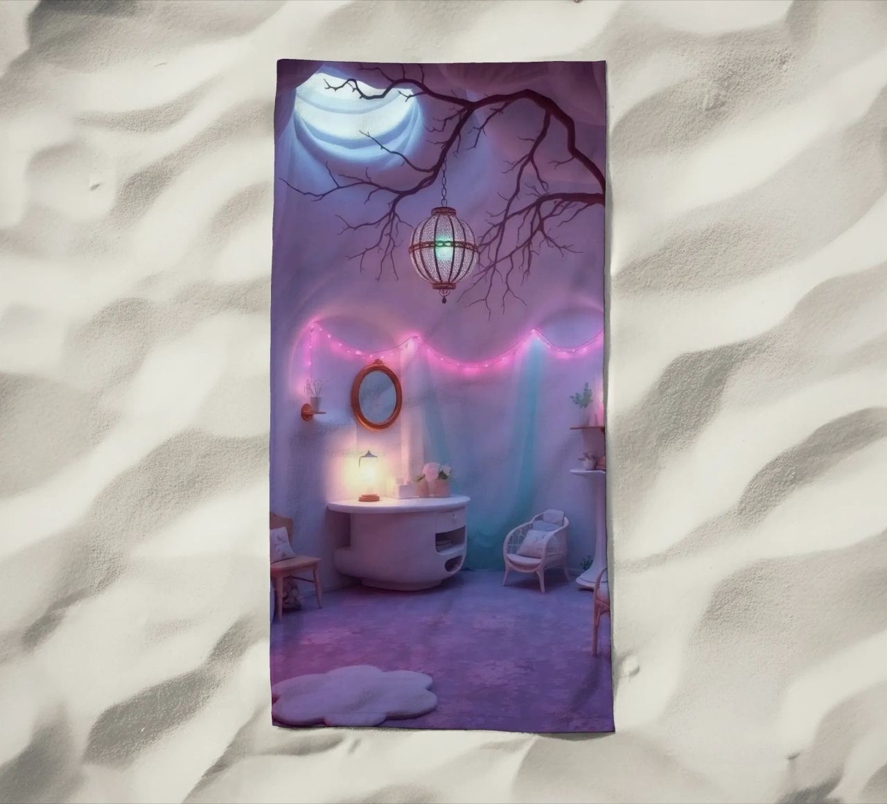 Camera accogliente con luci soffuse e arredamento unico telo mare da DesignDoodle