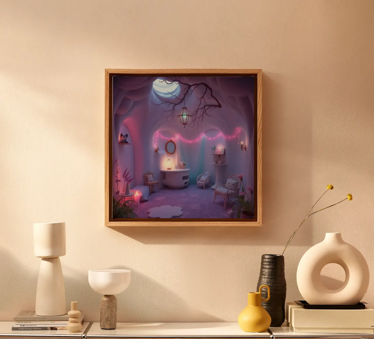 Camera accogliente con luci soffuse e arredamento unico tela da DesignDoodle