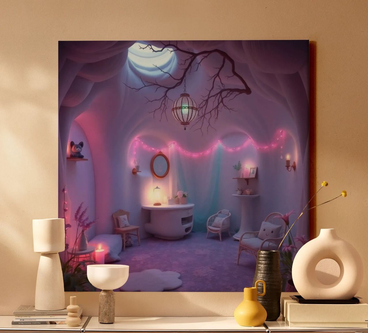 Camera accogliente con luci soffuse e arredamento unico tela da DesignDoodle