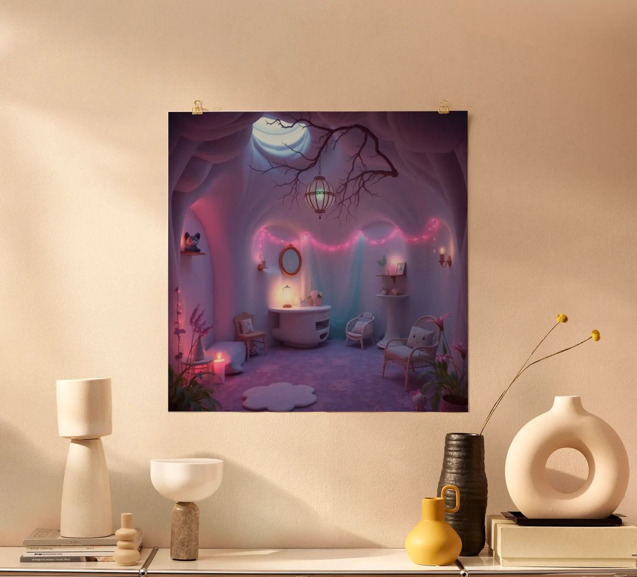 Camera accogliente con luci soffuse e arredamento unico carta hahnemühle da DesignDoodle