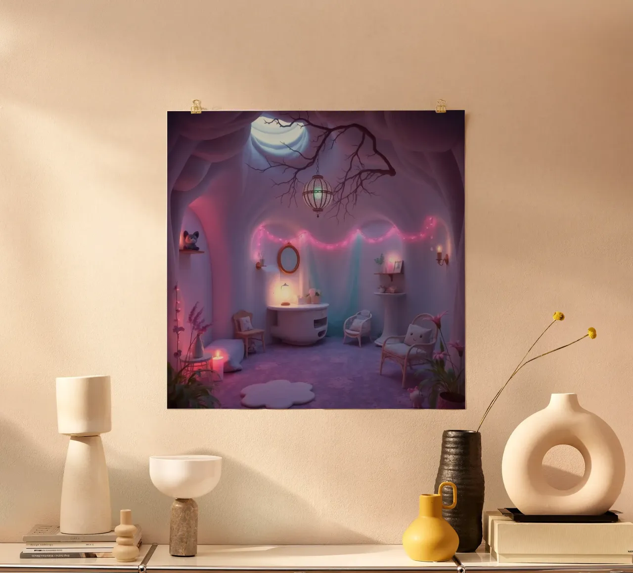 Acogedora habitación adornada con una iluminación suave y una decoración única hahnemühle de DesignDoodle