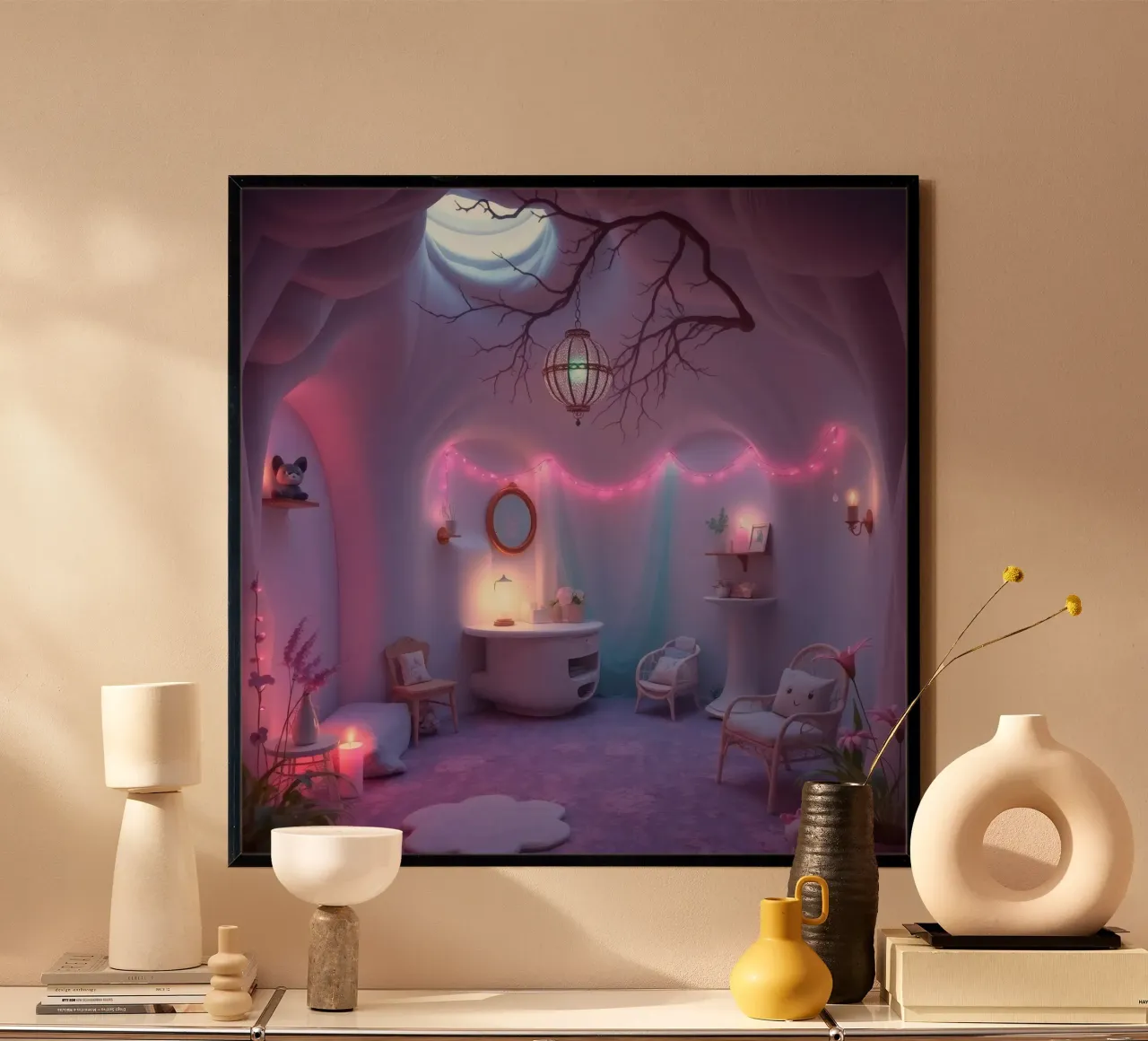 Acogedora habitación adornada con una iluminación suave y una decoración única hahnemühle de DesignDoodle