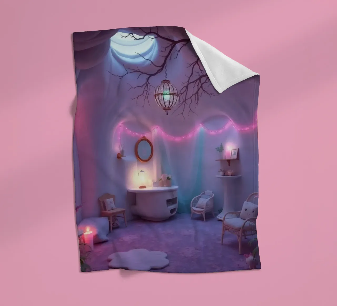 Acogedora habitación adornada con una iluminación suave y una decoración única manta de franela de DesignDoodle