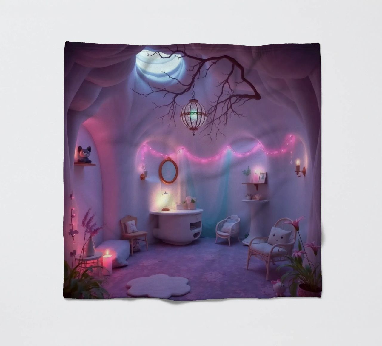 Camera accogliente con luci soffuse e arredamento unico coperta in pile da DesignDoodle