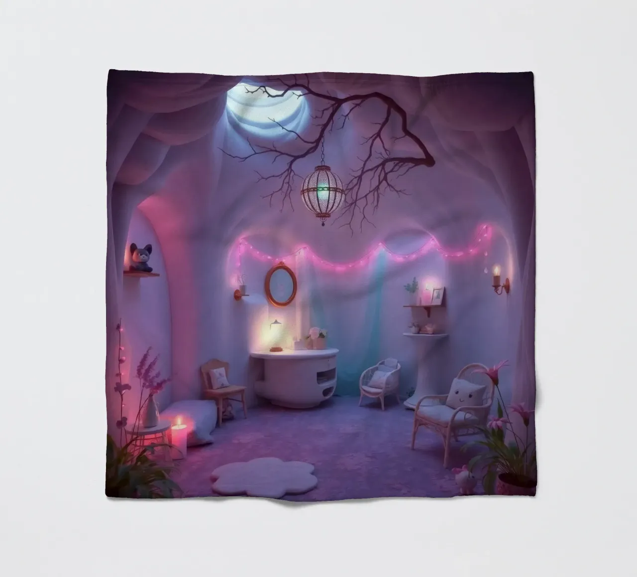Camera accogliente con luci soffuse e arredamento unico coperta in pile da DesignDoodle