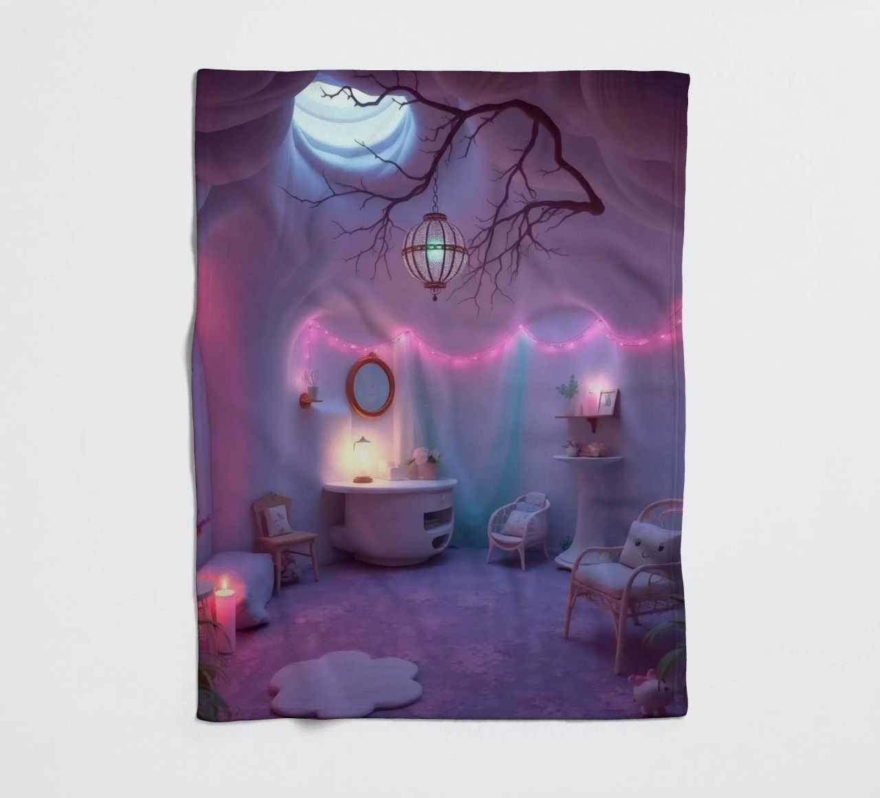 Camera accogliente con luci soffuse e arredamento unico coperta in pile da DesignDoodle