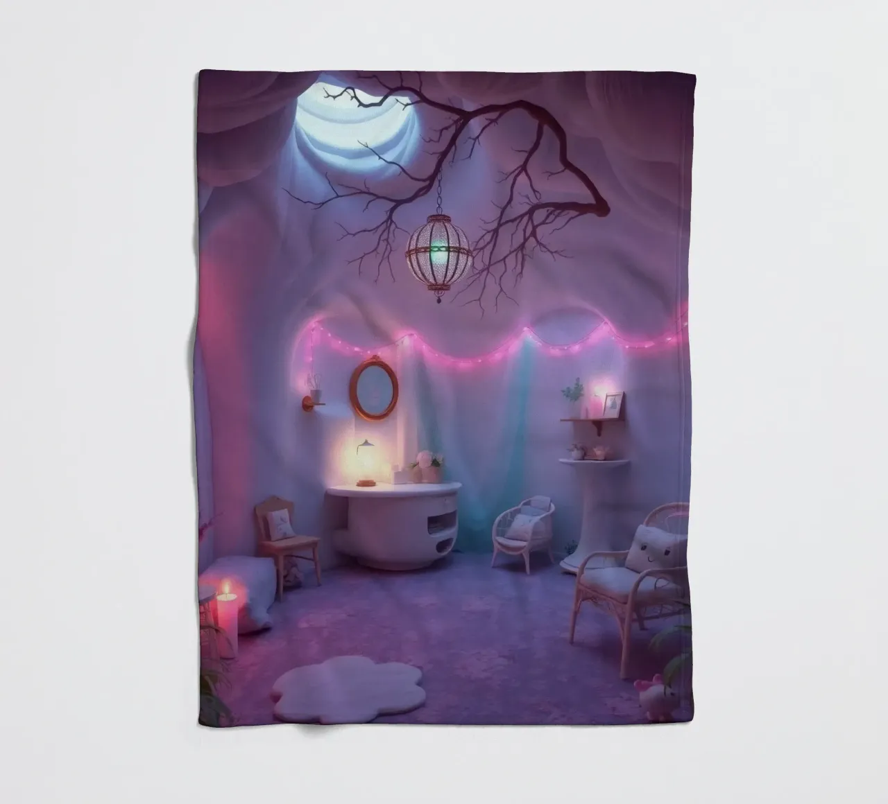 Acogedora habitación adornada con una iluminación suave y una decoración única manta de franela de DesignDoodle