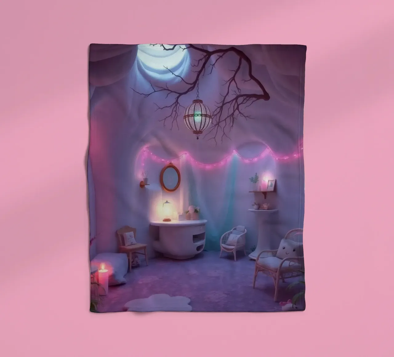 Acogedora habitación adornada con una iluminación suave y una decoración única manta de franela de DesignDoodle