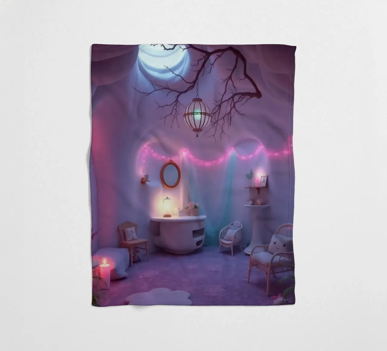Acogedora habitación adornada con una iluminación suave y una decoración única manta de franela de DesignDoodle