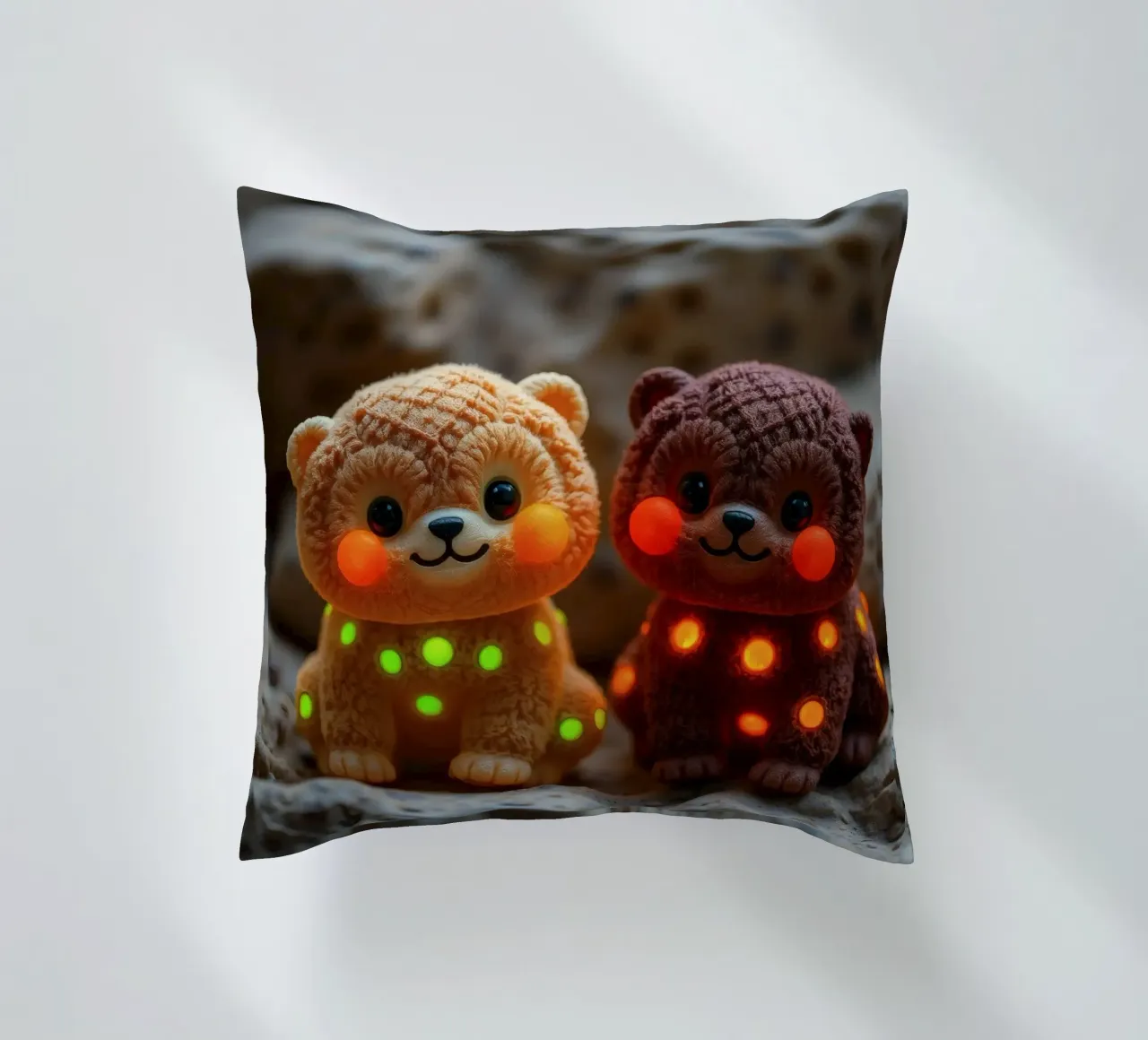 Morbidi orsetti di peluche con macchie luminose siedono su una roccia cuscino da DesignDoodle