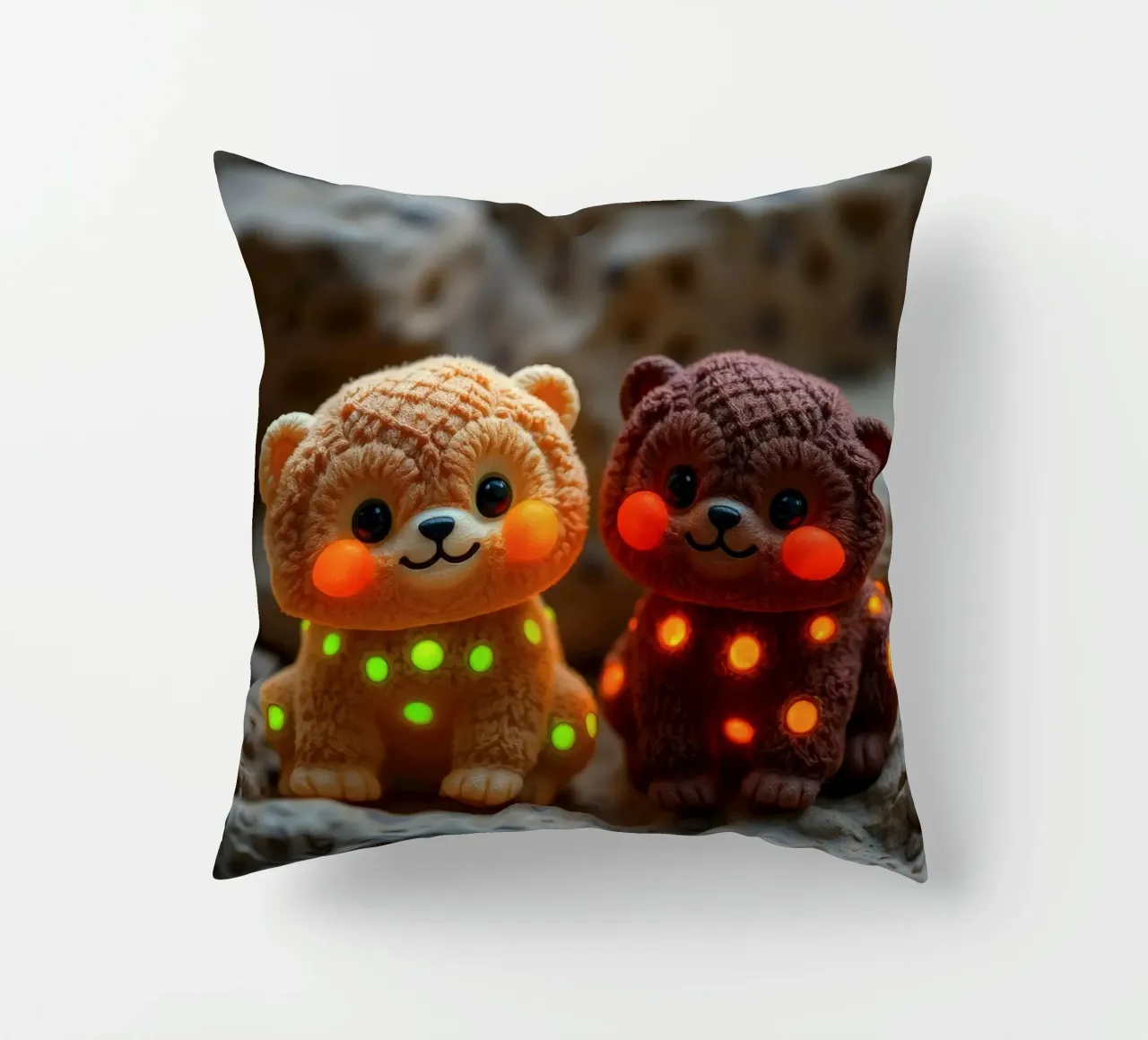 Morbidi orsetti di peluche con macchie luminose siedono su una roccia cuscino da DesignDoodle