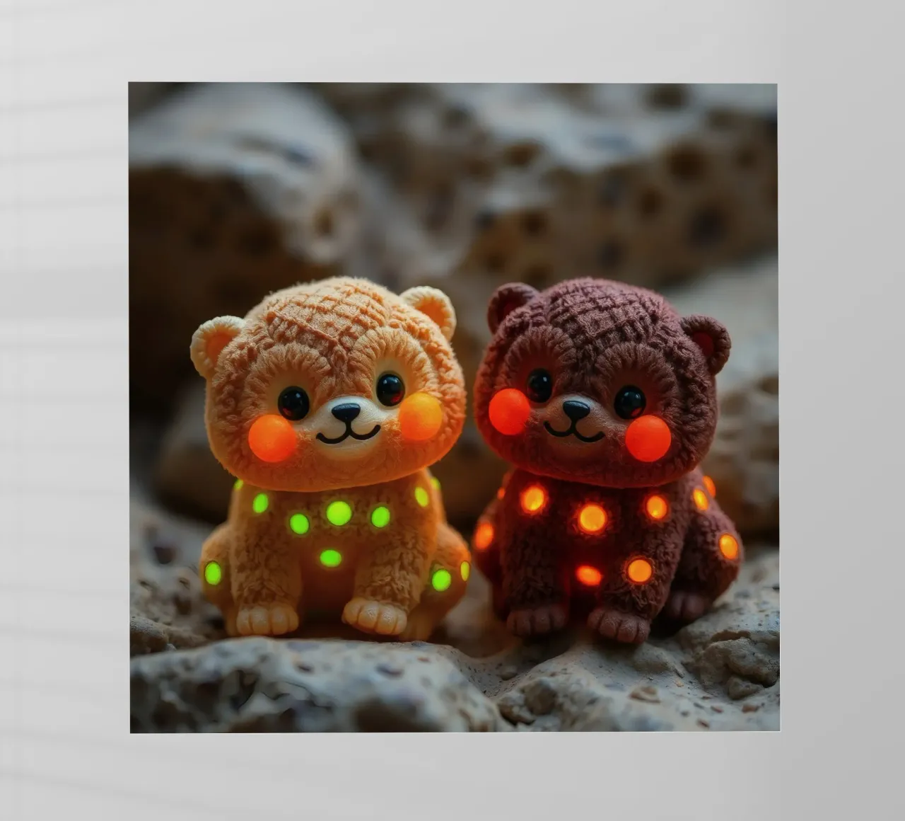 Morbidi orsetti di peluche con macchie luminose siedono su una roccia pellicola backlit da DesignDoodle