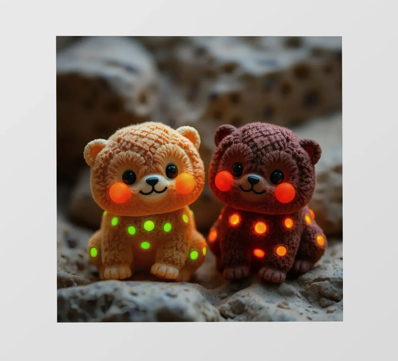 Morbidi orsetti di peluche con macchie luminose siedono su una roccia pellicola backlit da DesignDoodle