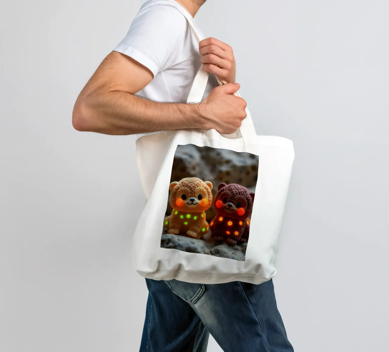 Morbidi orsetti di peluche con macchie luminose siedono su una roccia borsa in juta da DesignDoodle