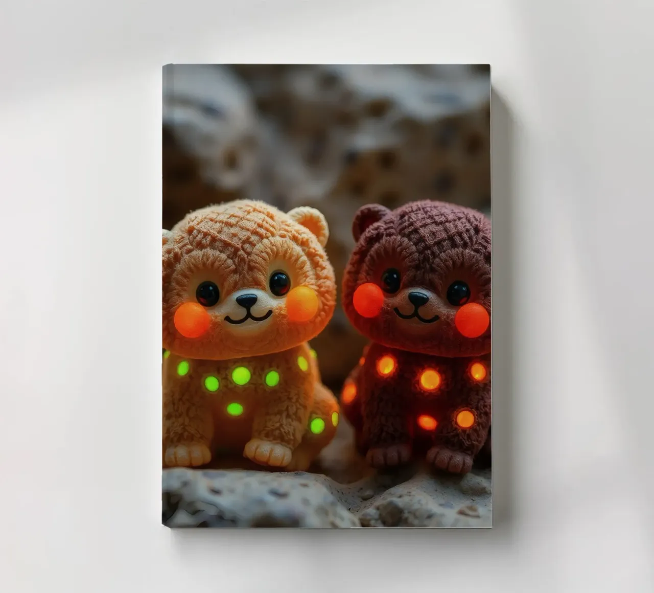 Soft plush bear plushies with glowing spots sit on rock notebook by DesignDoodle