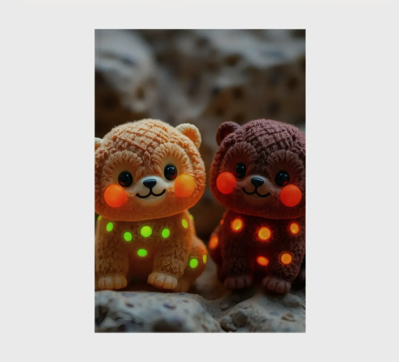 Soft plush bear plushies with glowing spots sit on rock notebook by DesignDoodle