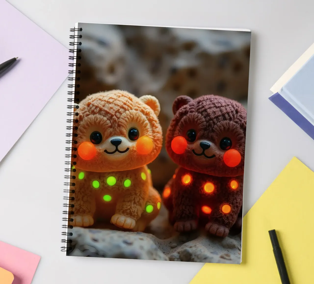 Soft plush bear plushies with glowing spots sit on rock spiral notebook by DesignDoodle