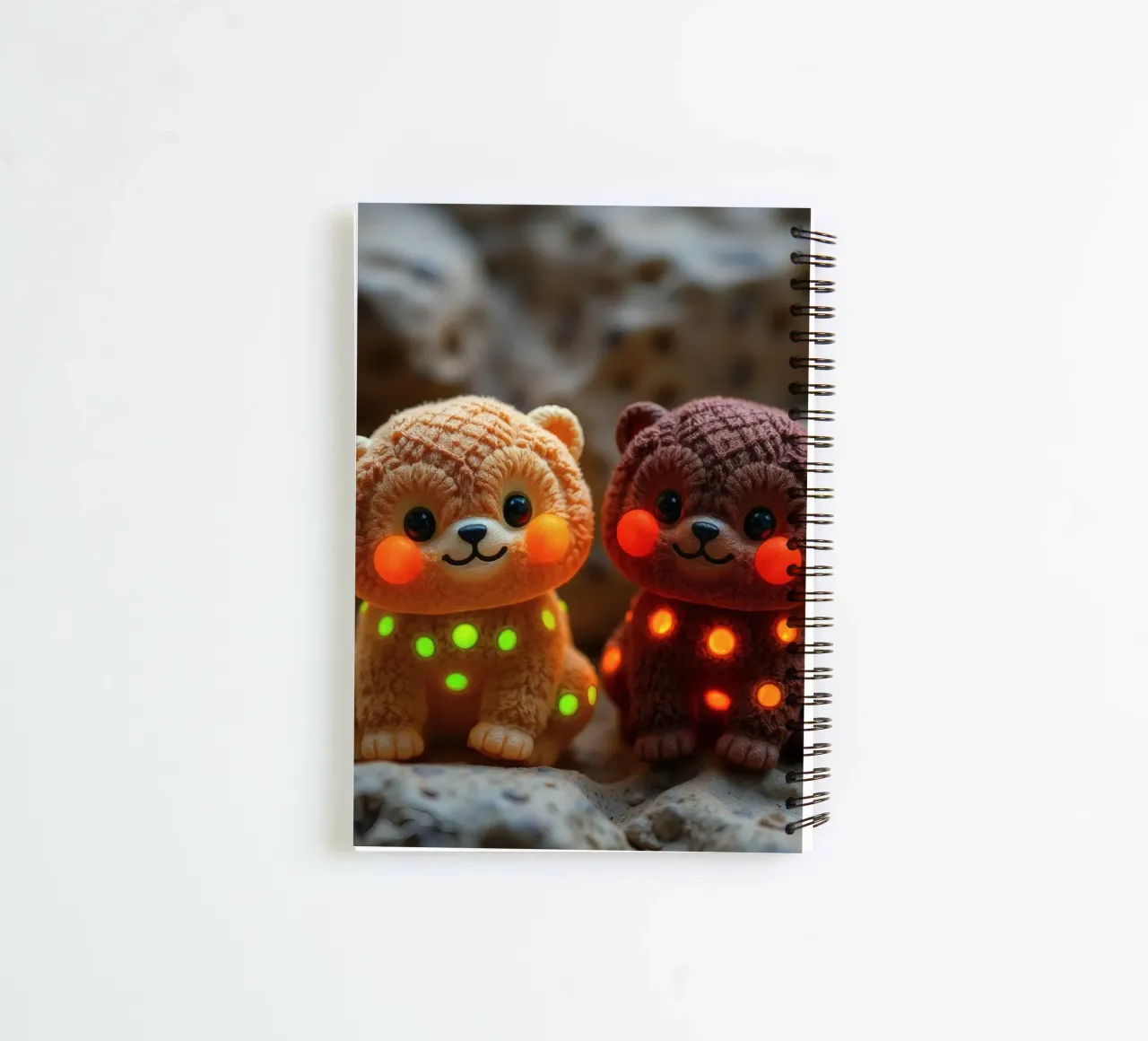 Soft plush bear plushies with glowing spots sit on rock spiral notebook by DesignDoodle