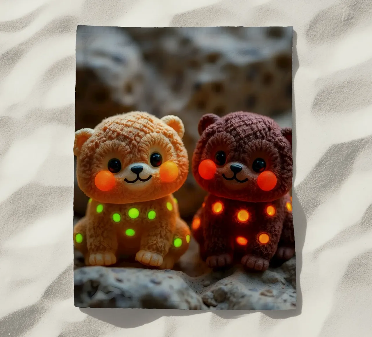 Morbidi orsetti di peluche con macchie luminose siedono su una roccia telo mare da DesignDoodle