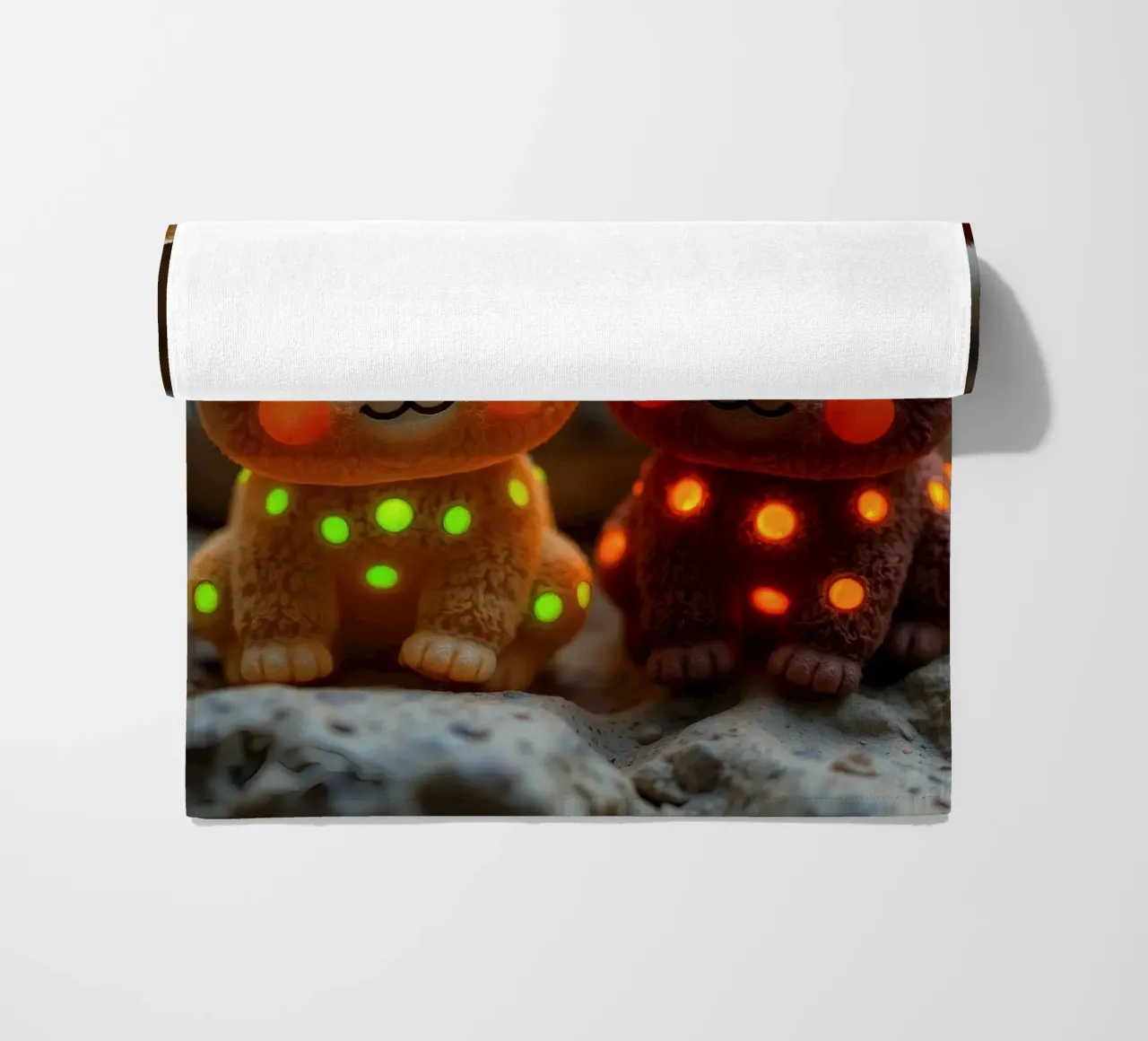 Morbidi orsetti di peluche con macchie luminose siedono su una roccia telo mare da DesignDoodle
