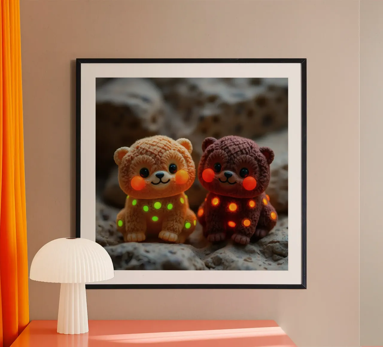 Soft plush bear plushies with glowing spots sit on rock hahnemühle by DesignDoodle