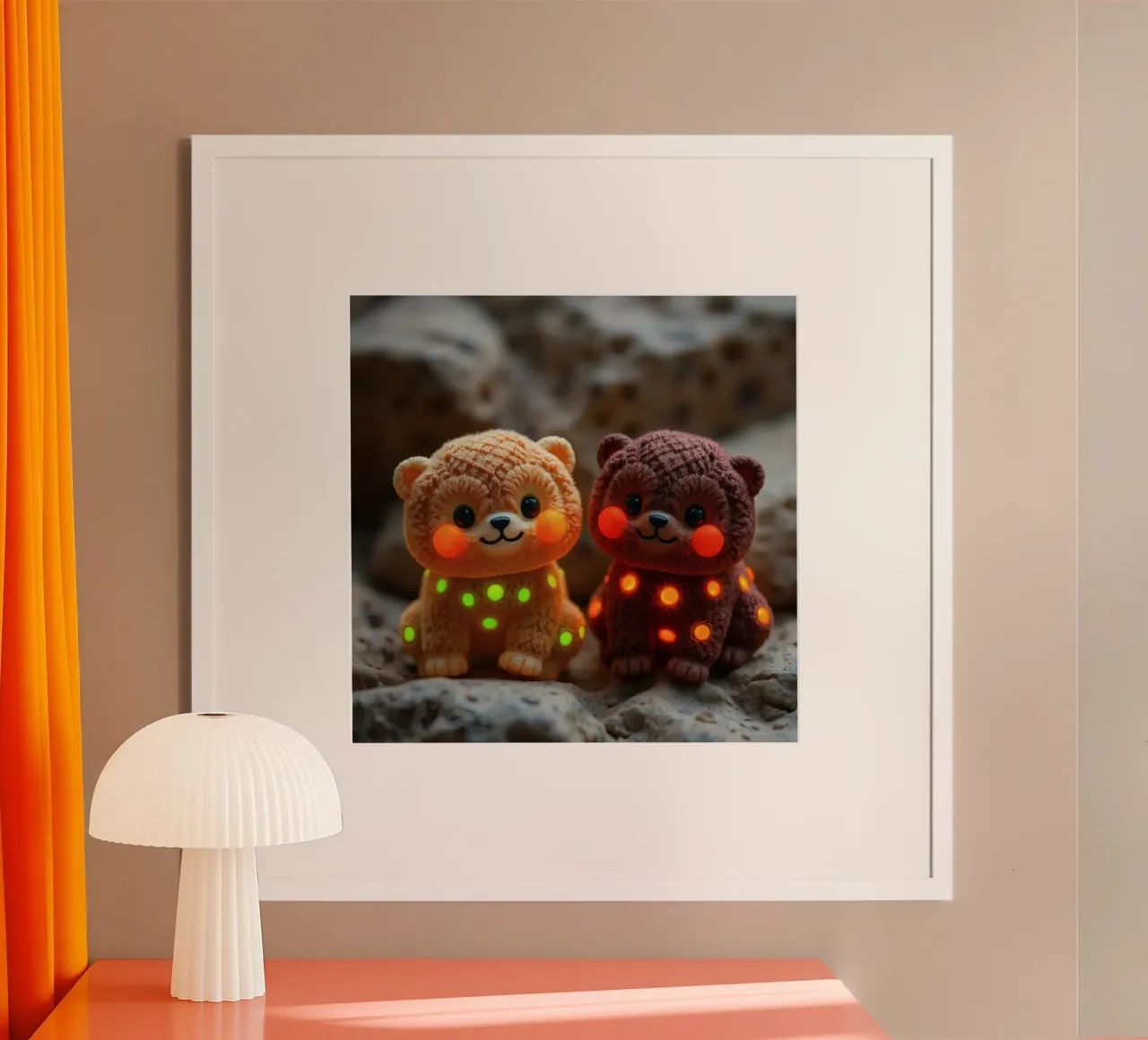 Soft plush bear plushies with glowing spots sit on rock hahnemühle by DesignDoodle