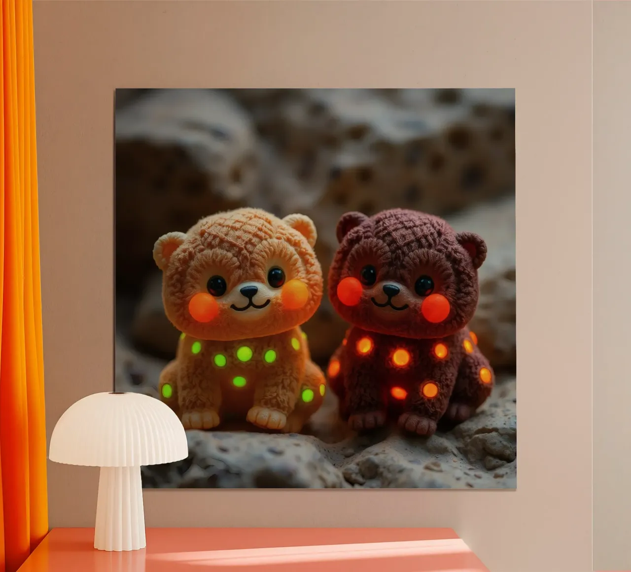 Soft plush bear plushies with glowing spots sit on rock hahnemühle by DesignDoodle