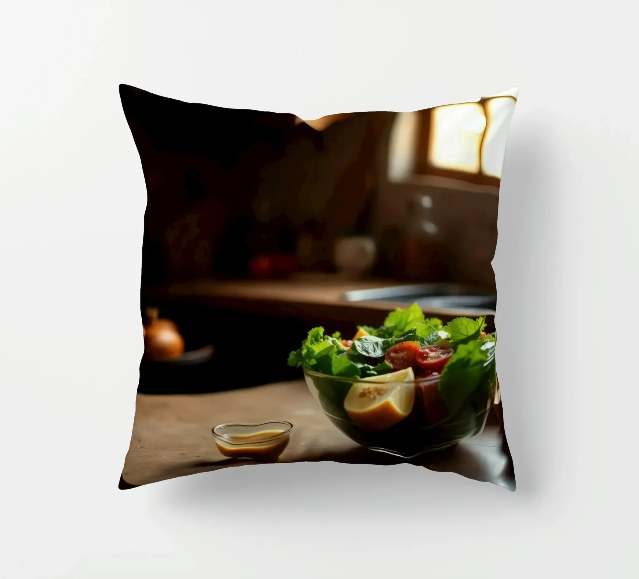 Insalata fresca con verdure e pomodori preparata in una cucina accogliente cuscino da DesignDoodle