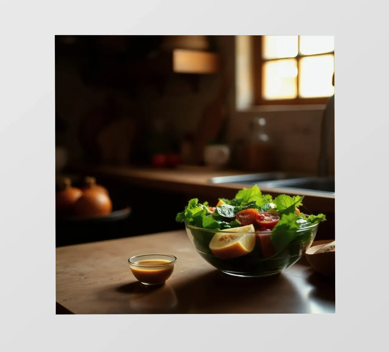 Insalata fresca con verdure e pomodori preparata in una cucina accogliente telo in pvc da DesignDoodle