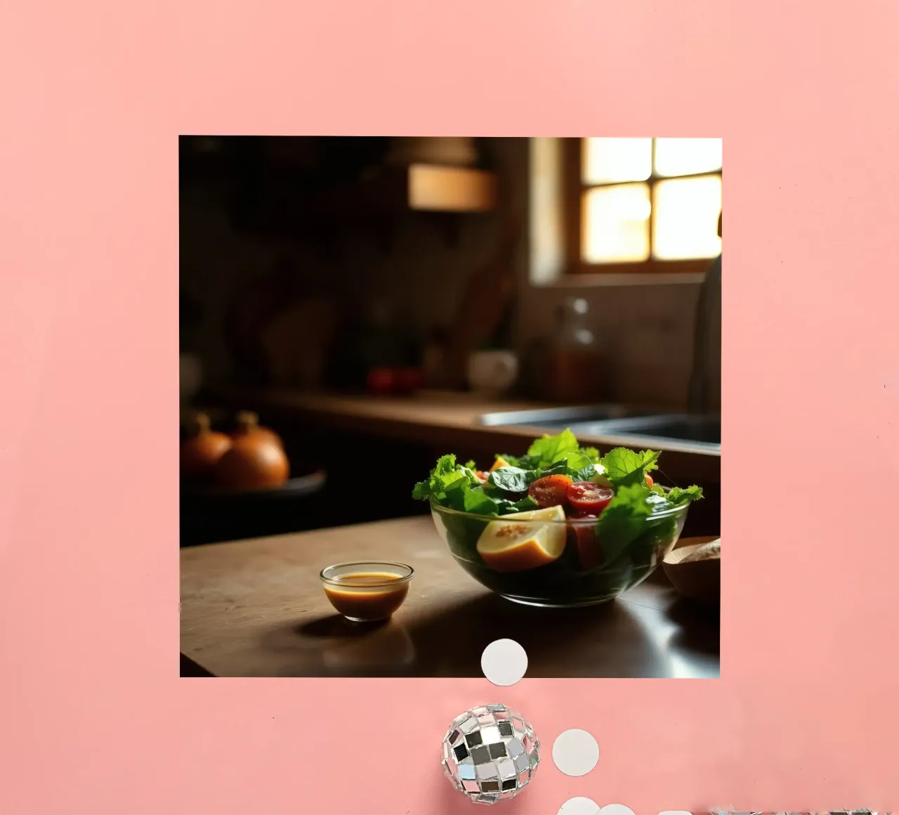 Salade fraîche de légumes verts et de tomates préparée dans une cuisine accueillante autocollant de DesignDoodle