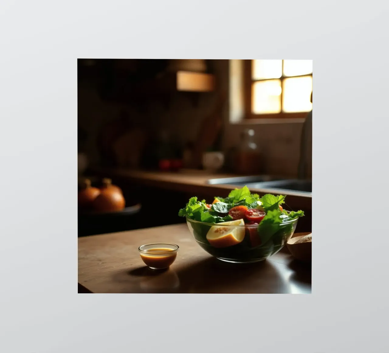 Salade fraîche de légumes verts et de tomates préparée dans une cuisine accueillante autocollant de DesignDoodle