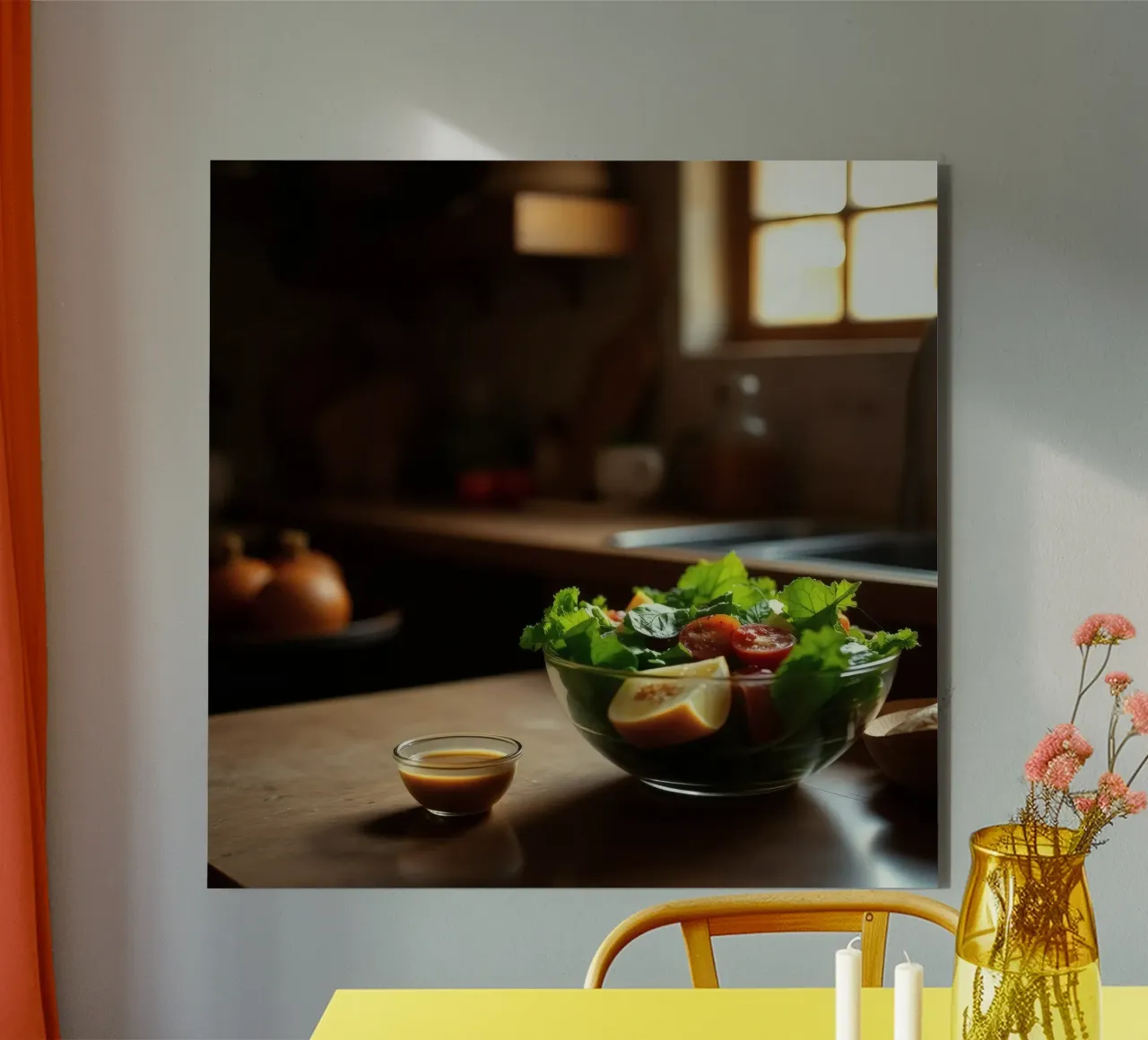 Insalata fresca con verdure e pomodori preparata in una cucina accogliente alluminio dibond da DesignDoodle