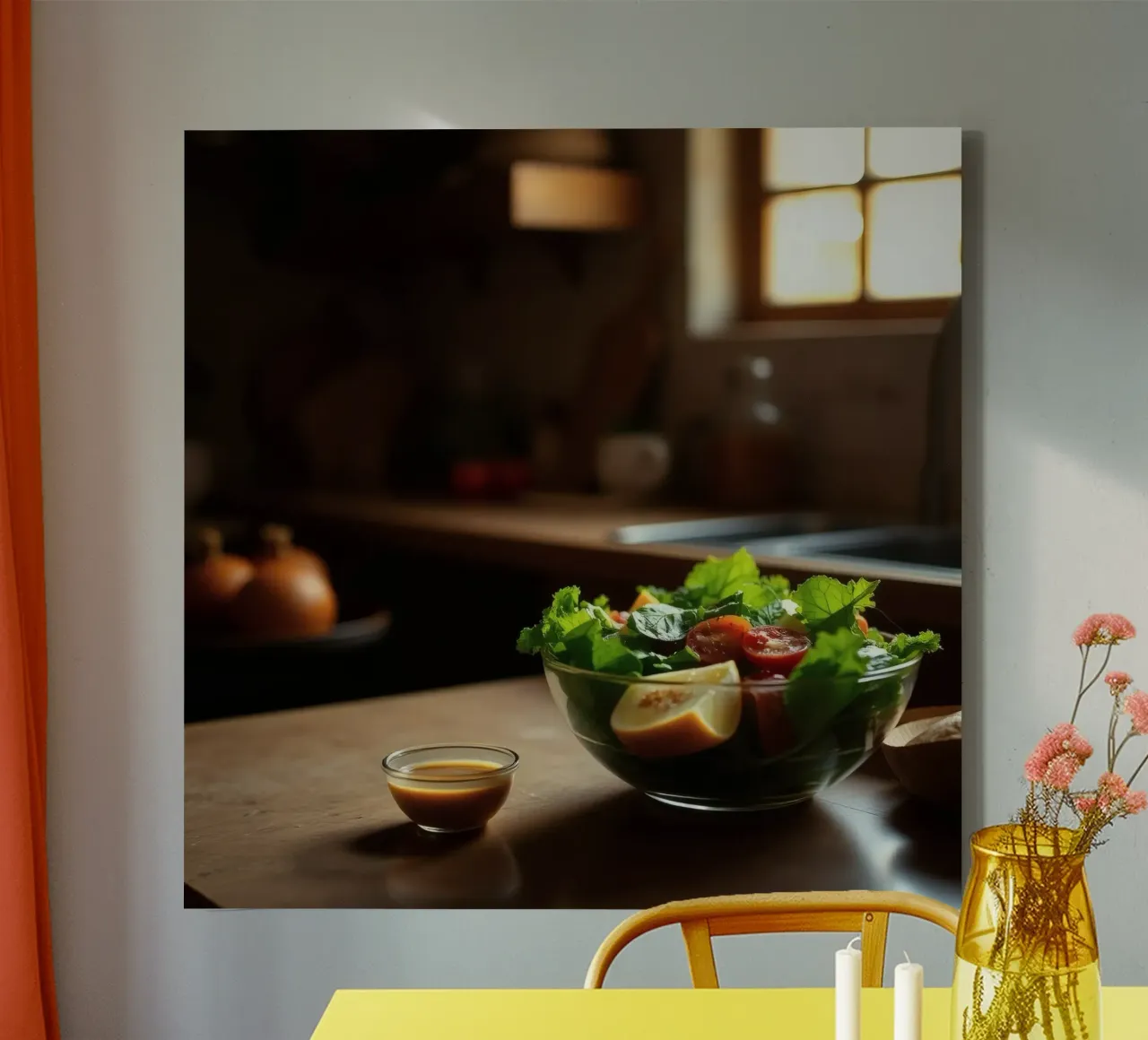 Insalata fresca con verdure e pomodori preparata in una cucina accogliente tela da DesignDoodle