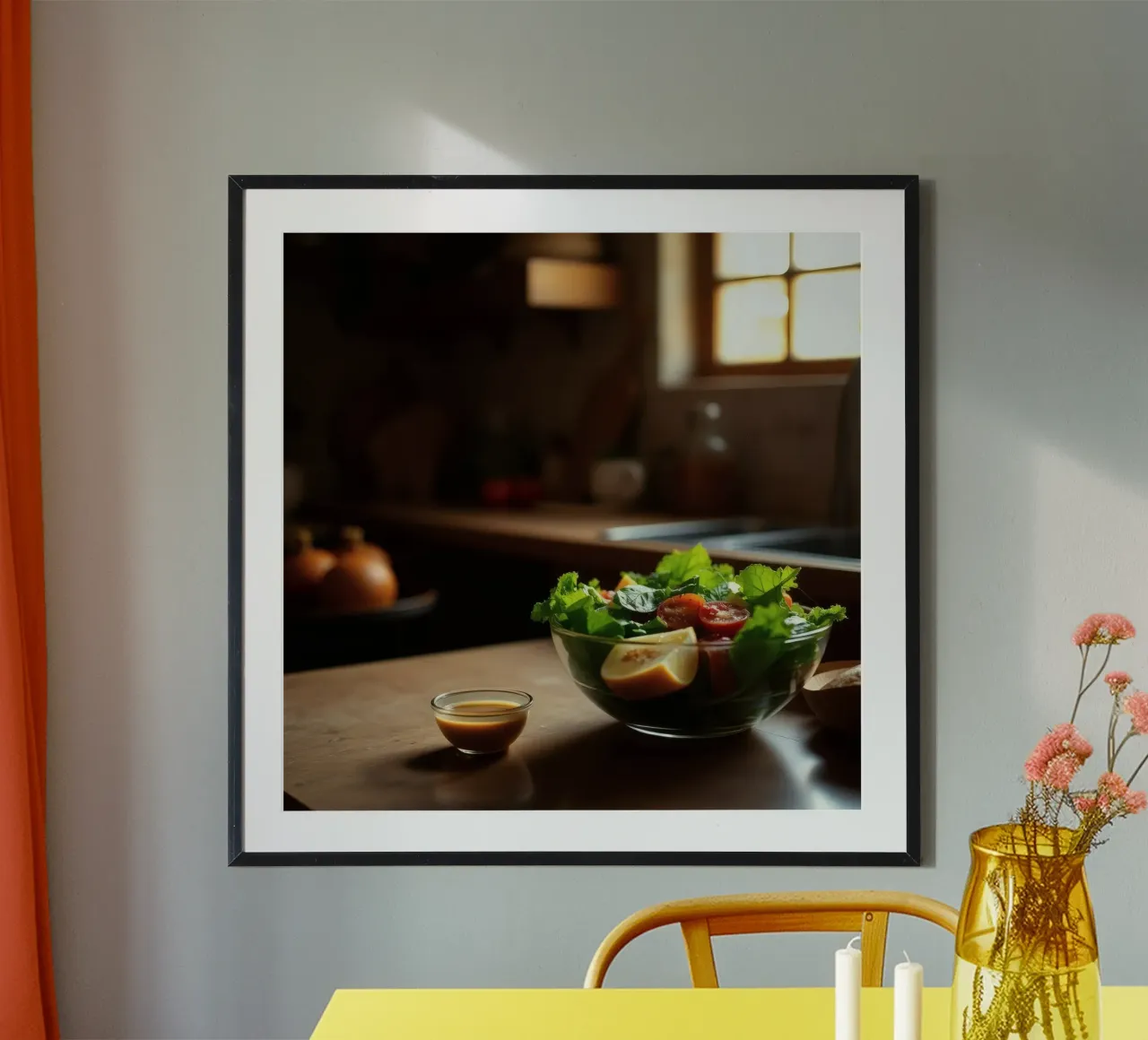 Insalata fresca con verdure e pomodori preparata in una cucina accogliente carta hahnemühle da DesignDoodle