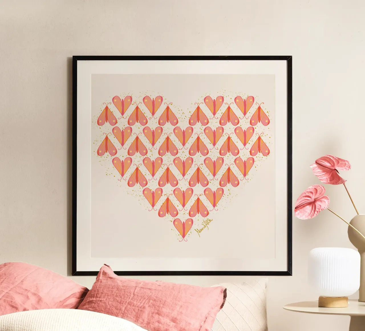 Infinite moth (orange & pink) poster con telaio in alluminio da Mandalla Pattern