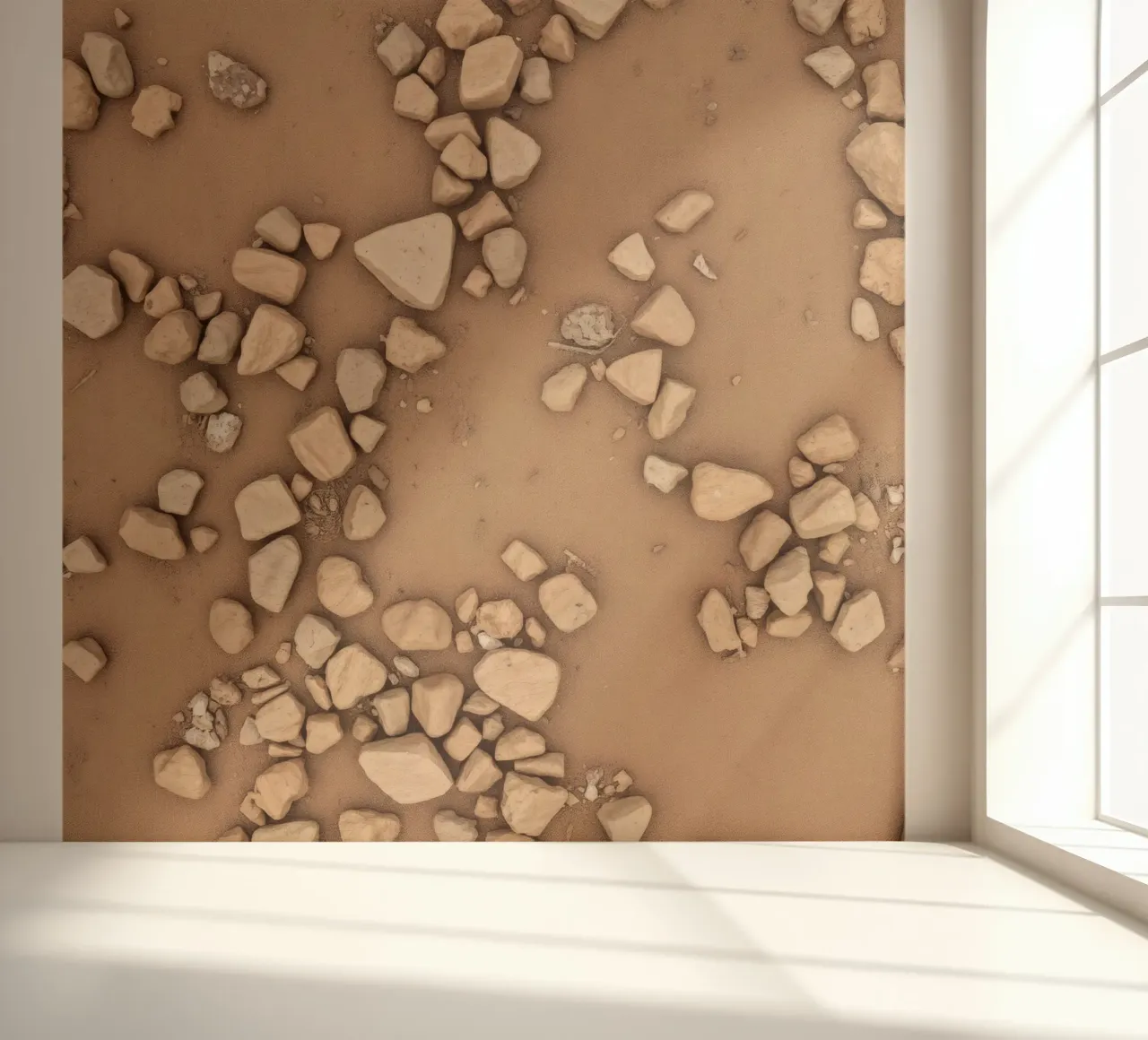Natural arrangement of small stones scattered over brown photo wallpaper by DesignDoodle