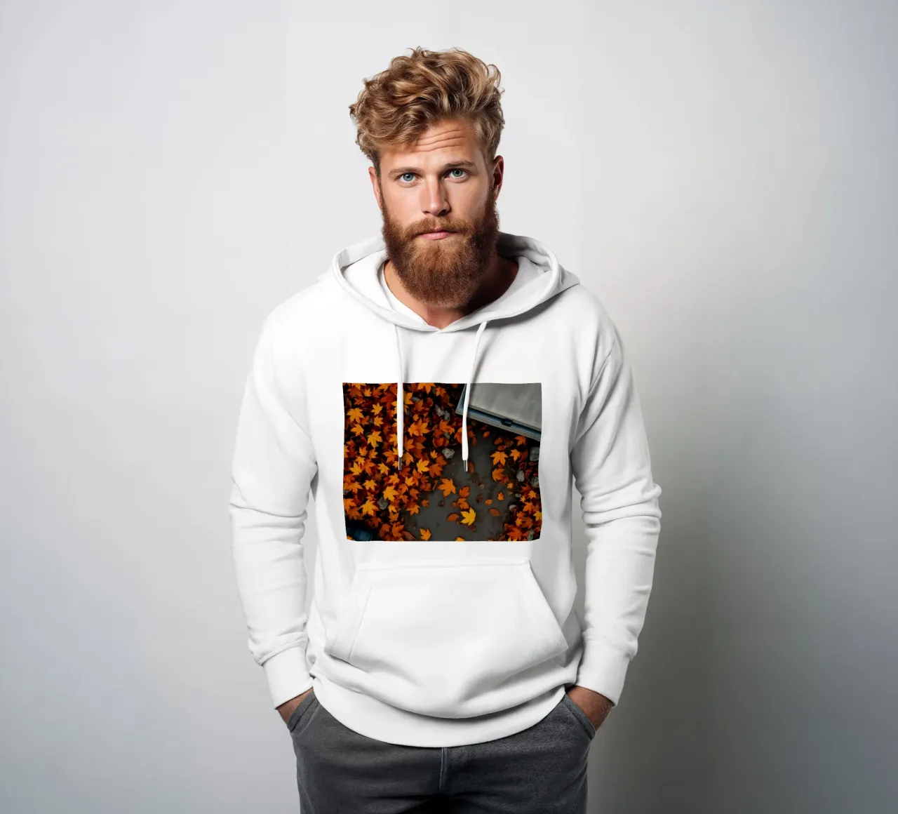 Foglie autunnali dorate si disperdono a terra vicino a un sentiero di pietra felpa con cappuccio da DesignDoodle