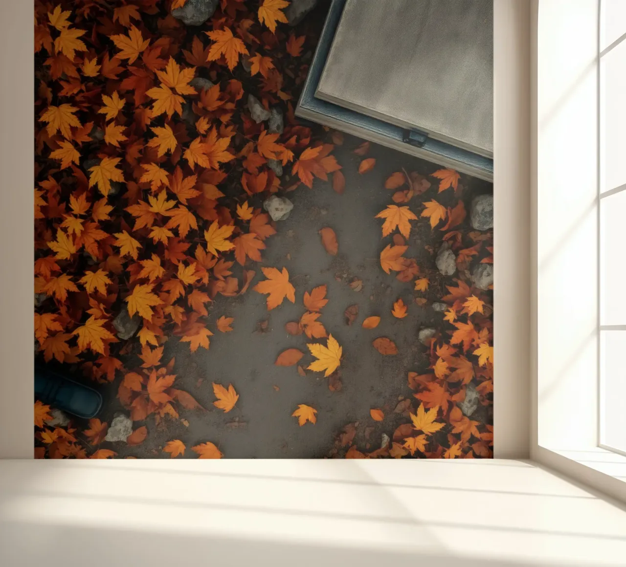 Golden autumn leaves scatter on the ground near a stone path photo wallpaper by DesignDoodle