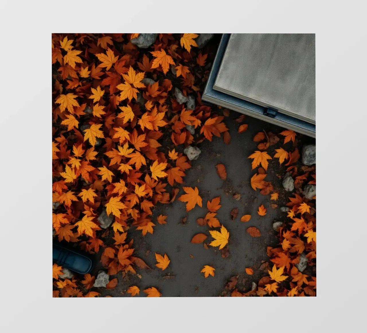 Golden autumn leaves scatter on the ground near a stone path photo wallpaper by DesignDoodle