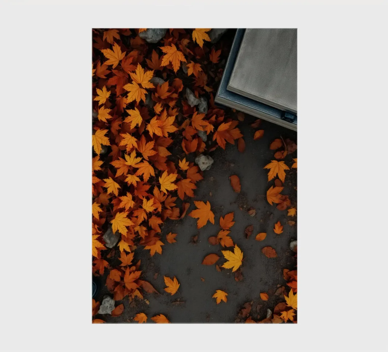 Golden autumn leaves scatter on the ground near a stone path notebook by DesignDoodle