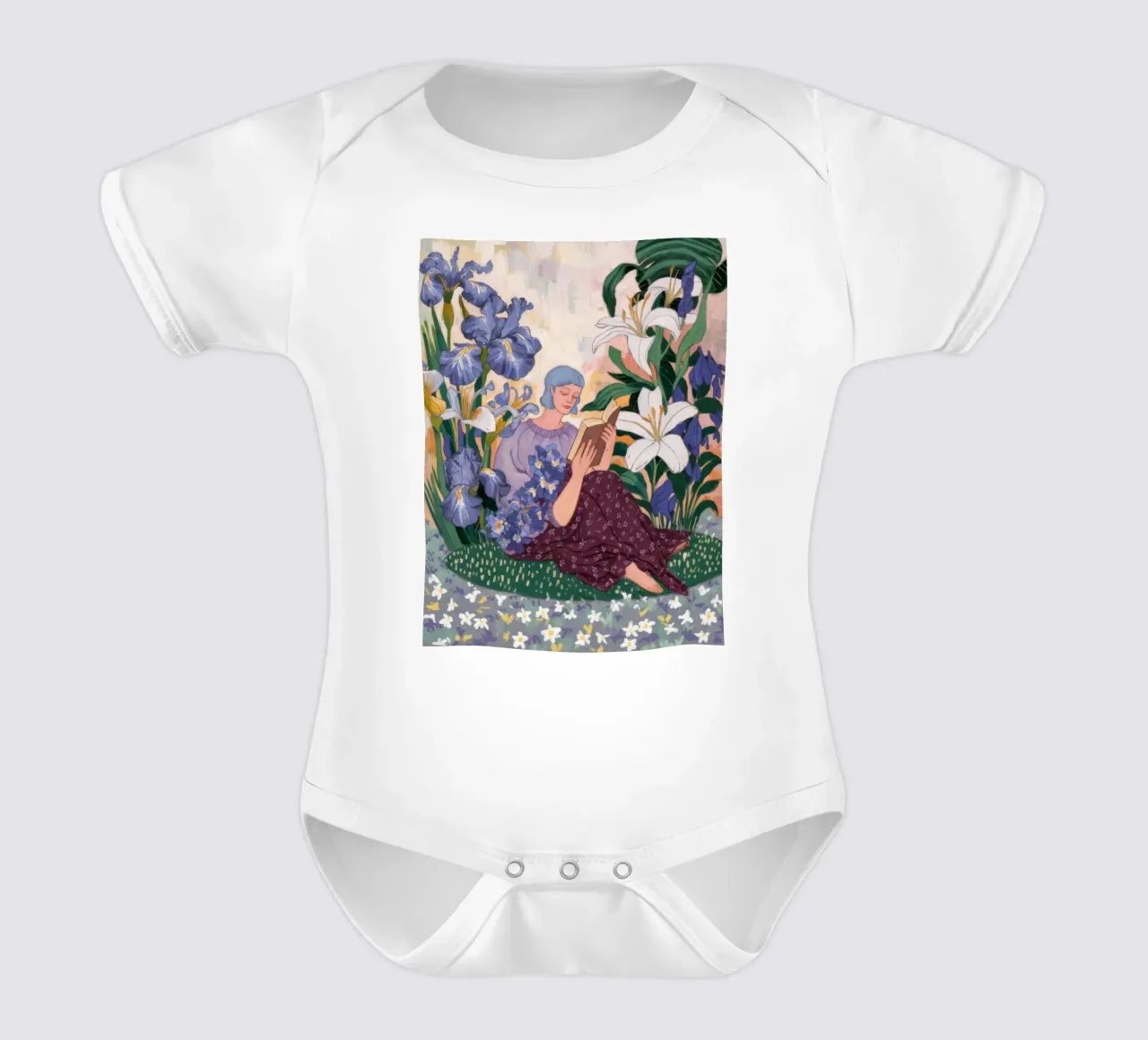 Garden Reading Muse short-sleeve baby romper by Obisidian Brush