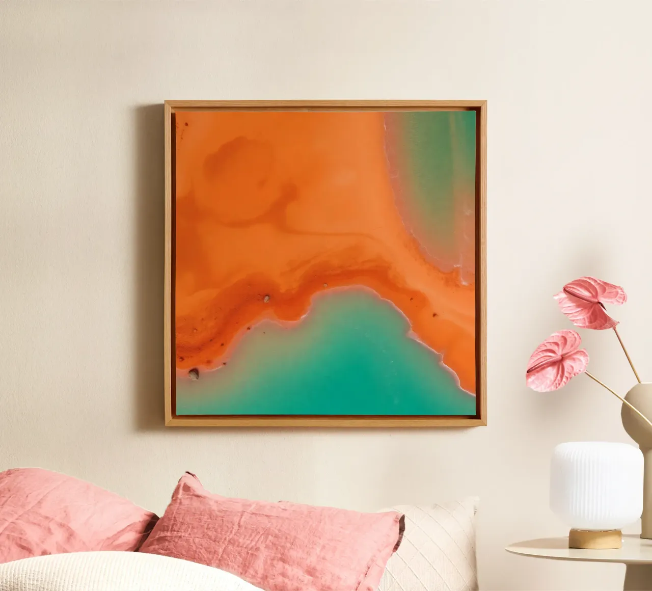 aerial view contrast between orange shore & turquoise waters canvas with Floater frame by DesignDoodle