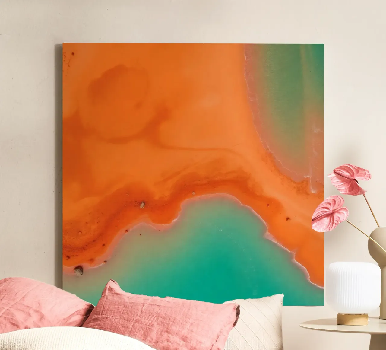 aerial view contrast between orange shore & turquoise waters canvas with Floater frame by DesignDoodle