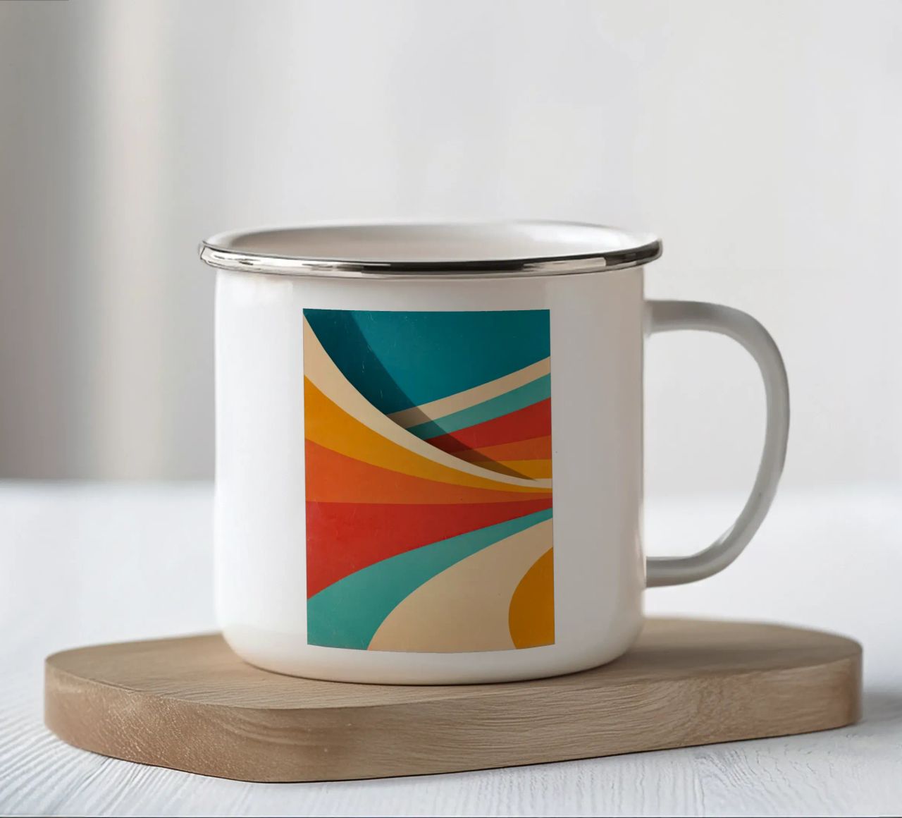 Retro vibes | Abstract 70s stripe motif enamel mug by Autofocus
